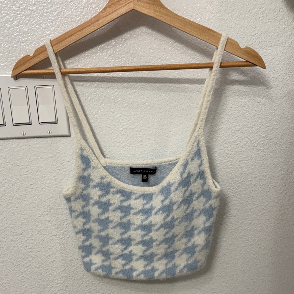 Fuzzy Houndstooth Blue Crop Top Sleeveless